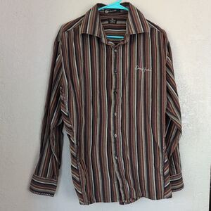 Sean John Men Long Sleeve XL Button Up Shirt Brown Green Gray Stripe 💯 Cotton